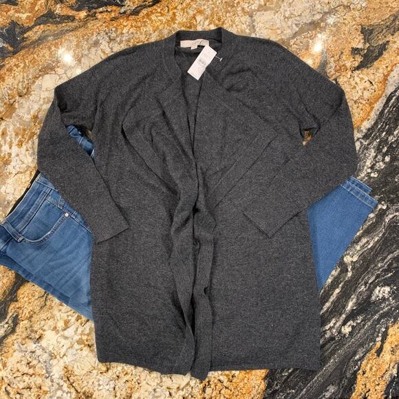 NWT LOFT Dark Charcoal Grey Draped Soft Knit Open Cardigan Sweater - SIZE S - Picture 3 of 9